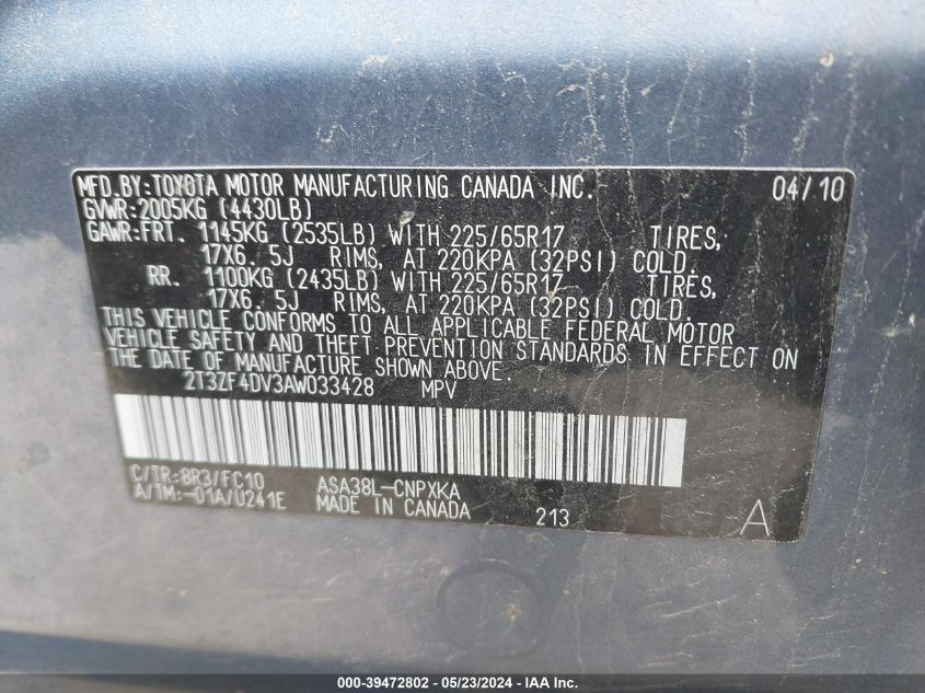2010 Toyota Rav4 VIN: 2T3ZF4DV3AW033428 Lot: 39472802
