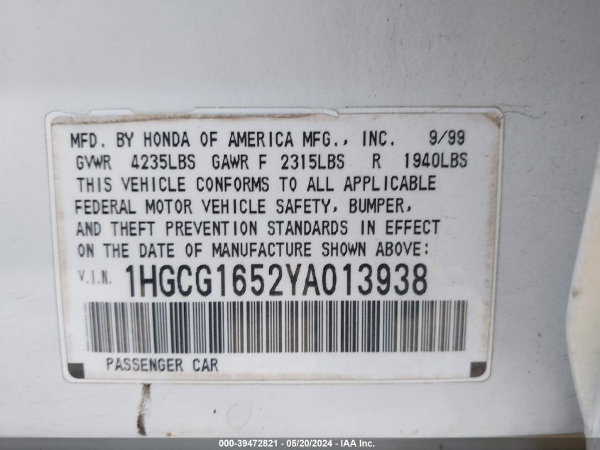 2000 Honda Accord 3.0 Ex VIN: 1HGCG1652YA013938 Lot: 39472821