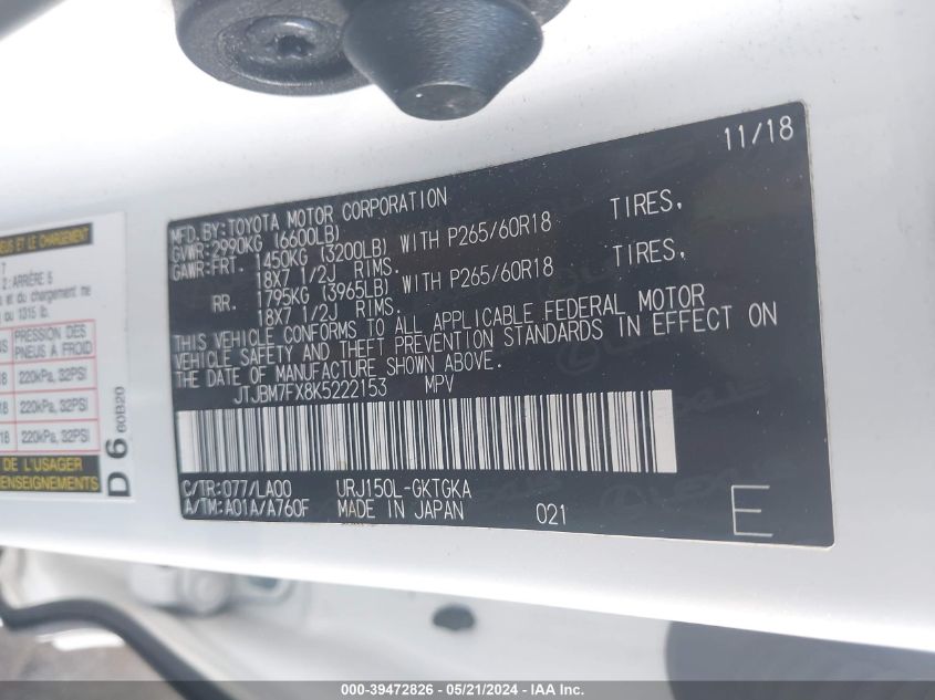 2019 Lexus Gx 460 VIN: JTJBM7FX8K5222153 Lot: 39472826