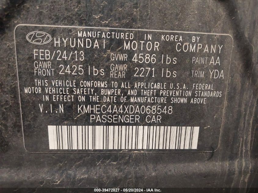 2013 Hyundai Sonata Hybrid Limited VIN: KMHEC4A4XDA068548 Lot: 39472827