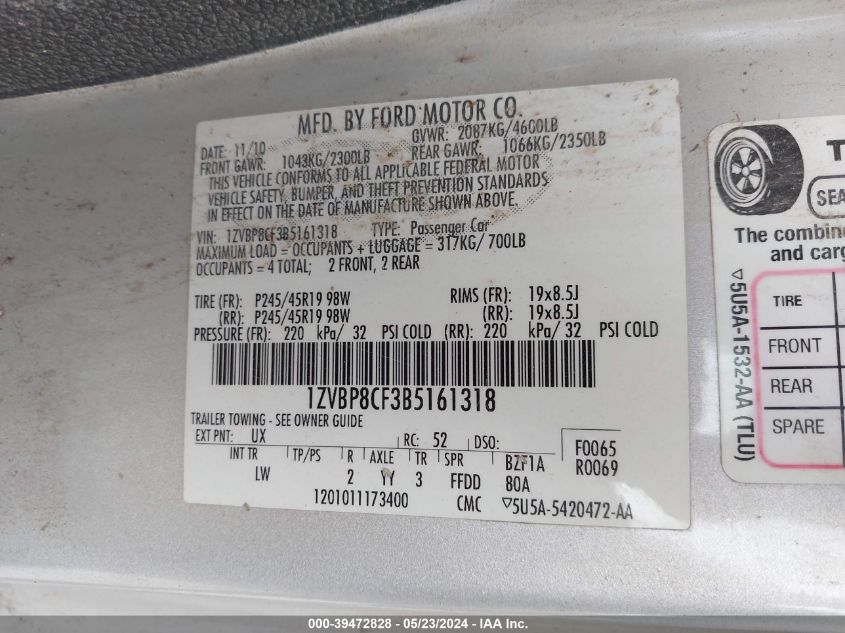 2011 Ford Mustang Gt Premium VIN: 1ZVBP8CF3B5161318 Lot: 39472828