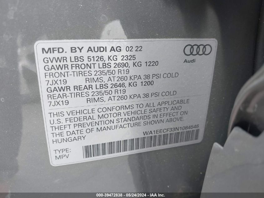 2022 Audi Q3 Premium Plus 45 Tfsi S Line Quattro Tiptronic VIN: WA1EECF33N1084546 Lot: 39472838