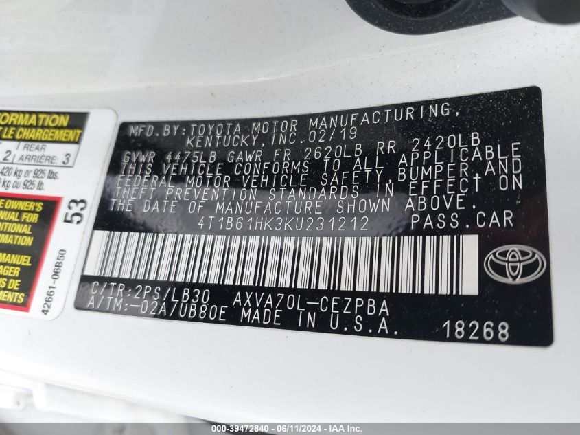 2019 Toyota Camry Xse VIN: 4T1B61HK3KU231212 Lot: 39472840