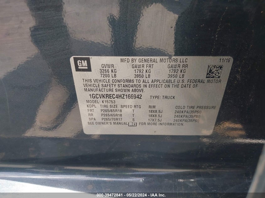 2017 Chevrolet Silverado 1500 1Lt VIN: 1GCVKREC4HZ166942 Lot: 39472841