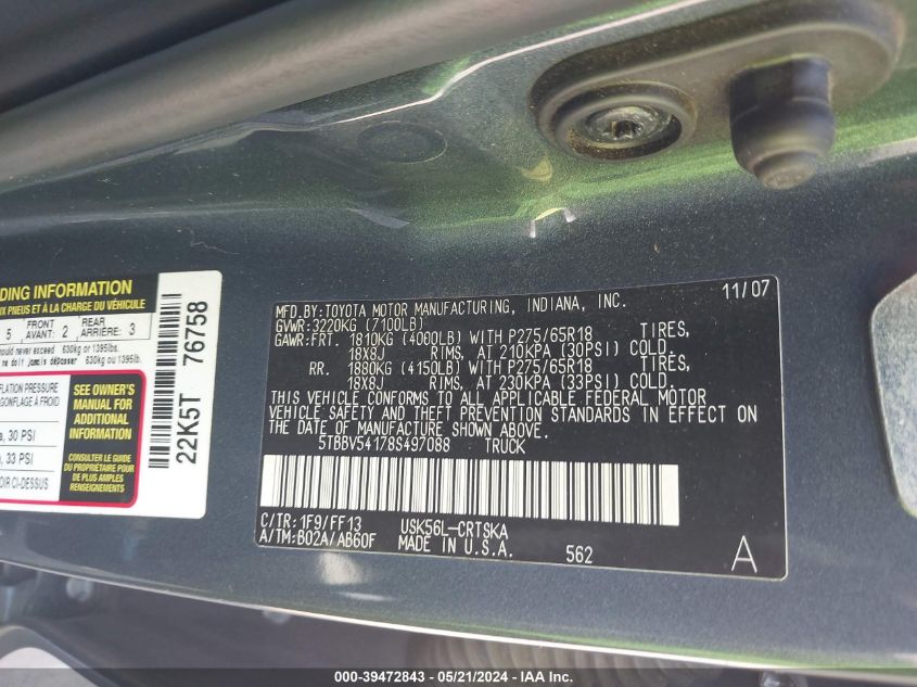 2008 Toyota Tundra Sr5 5.7L V8 VIN: 5TBBV54178S497088 Lot: 39472843