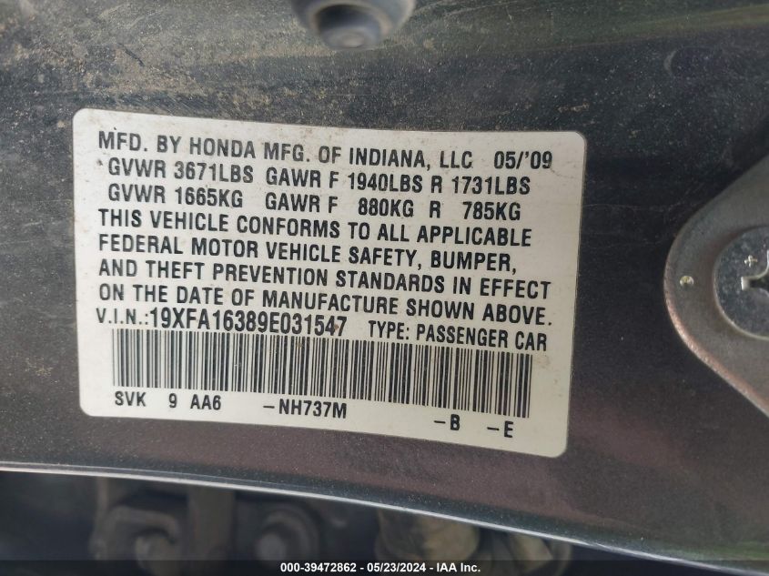 2009 Honda Civic Vp VIN: 19XFA16389E031547 Lot: 39472862