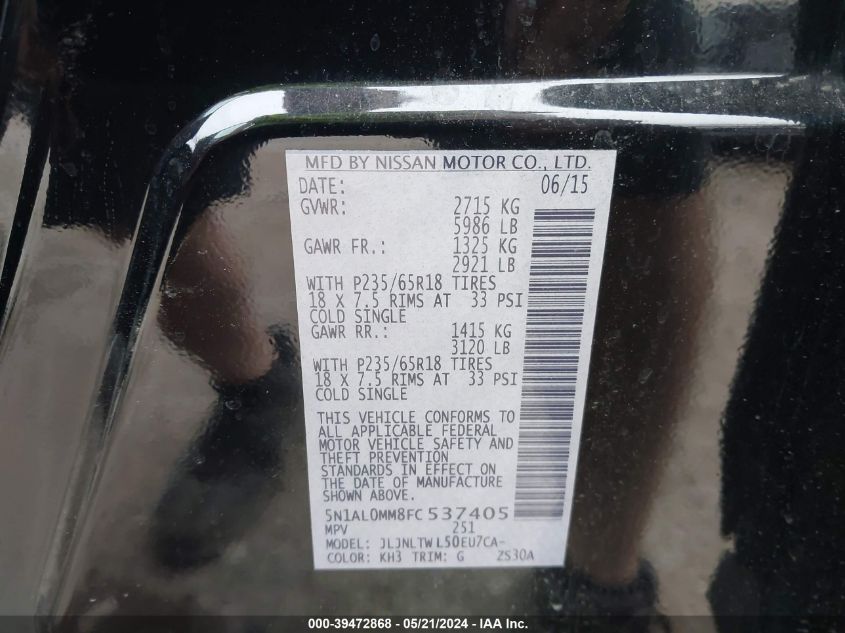 2015 Infiniti Qx60 VIN: 5N1AL0MM8FC537405 Lot: 39472868