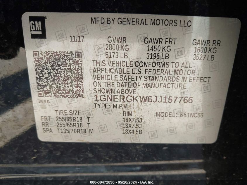 2018 Chevrolet Traverse 1Lt VIN: 1GNERGKW6JJ157766 Lot: 39472890