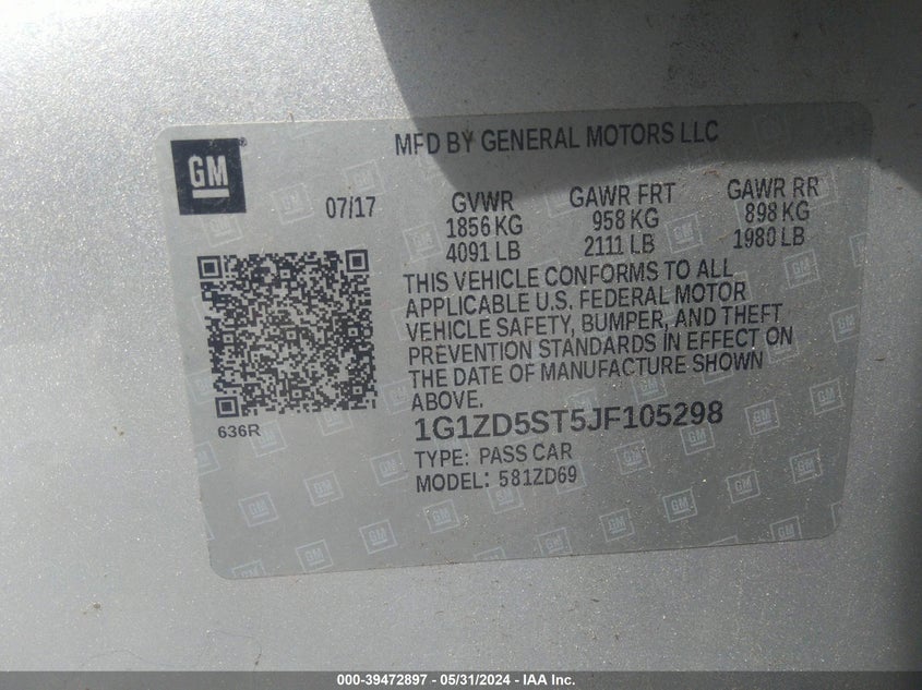 2018 Chevrolet Malibu Lt VIN: 1G1ZD5ST5JF105298 Lot: 39472897