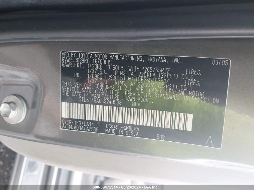 2005 Toyota Sequoia Limited V8 VIN: 5TDBT48A65S249508 Lot: 39472914