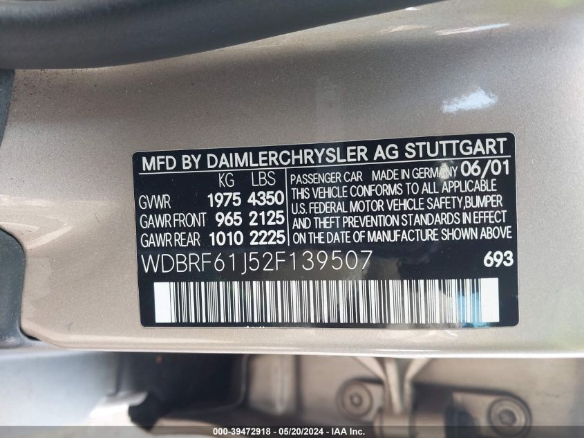 2002 Mercedes-Benz C 240 VIN: WDBRF61J52F139507 Lot: 39472918