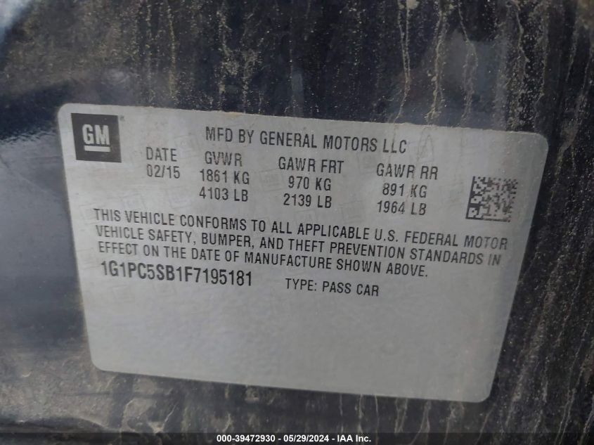 2015 Chevrolet Cruze 1Lt Auto VIN: 1G1PC5SB1F7195181 Lot: 39472930