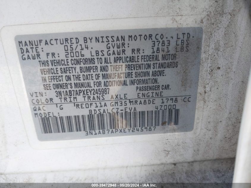 2014 Nissan Sentra S VIN: 3N1AB7APXEY245987 Lot: 39472948