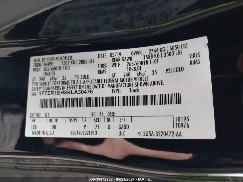 2019 Ford Ranger Lariat VIN: 1FTER1EH8KLA30476 Lot: 39472952