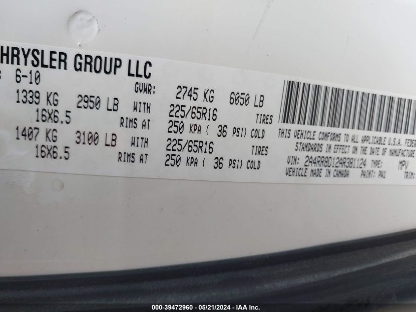 2010 Chrysler Town & Country Touring Plus VIN: 2A4RR8D12AR381124 Lot: 39472960