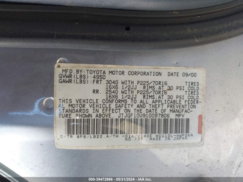 2001 Lexus Rx 300 VIN: JTJGF10U910087806 Lot: 39472966