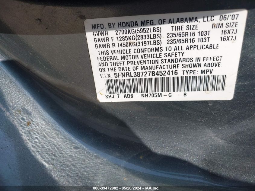 2007 Honda Odyssey Ex-L VIN: 5FNRL38727B452416 Lot: 39472982