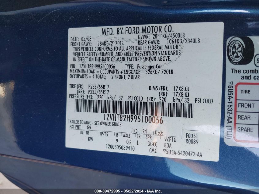 2009 Ford Mustang Gt/Gt Premium VIN: 1ZVHT82H995100056 Lot: 39472995