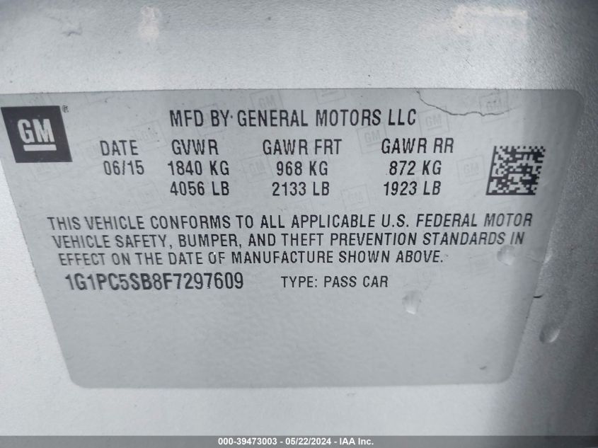 2015 Chevrolet Cruze 1Lt Auto VIN: 1G1PC5SB8F7297609 Lot: 39473003