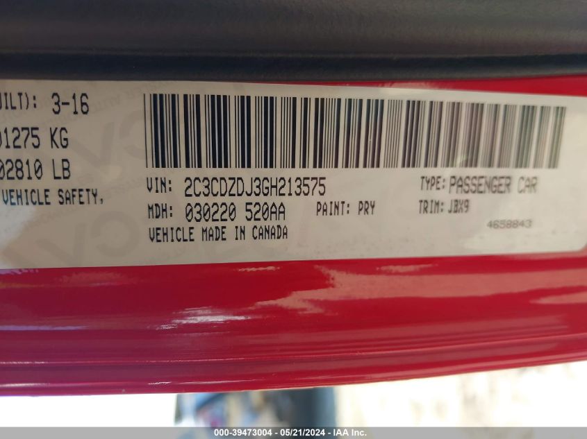 2016 Dodge Challenger Srt 392 VIN: 2C3CDZDJ3GH213575 Lot: 39473004