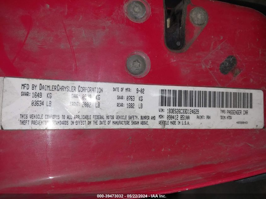 2003 Dodge Neon Se VIN: 1B3ES26C33D124629 Lot: 39473032