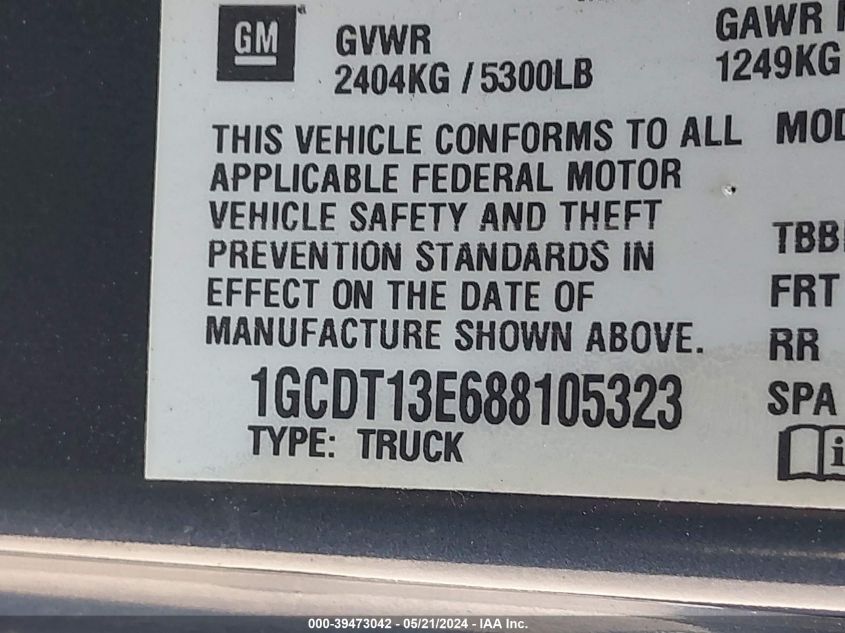 2008 Chevrolet Colorado Lt VIN: 1GCDT13E688105323 Lot: 39473042