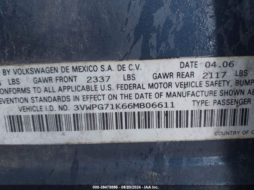 2006 Volkswagen Jetta Value Edition VIN: 3VWPG71K66M806611 Lot: 39473056