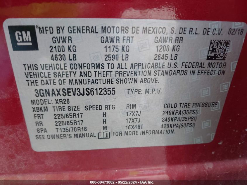 2018 Chevrolet Equinox Lt VIN: 3GNAXSEV3JS612355 Lot: 39473062