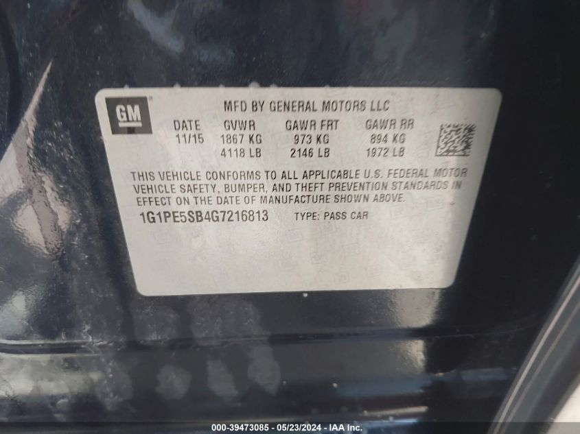 2016 Chevrolet Cruze Limited 1Lt Auto VIN: 1G1PE5SB4G7216813 Lot: 39473085