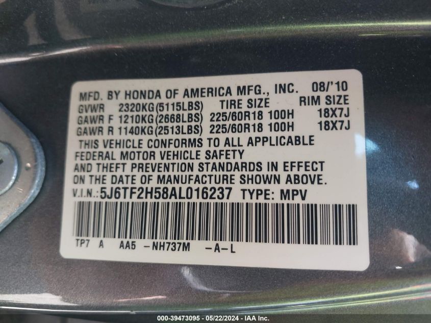 2010 Honda Accord Crosstour Ex-L VIN: 5J6TF2H58AL016237 Lot: 39473095