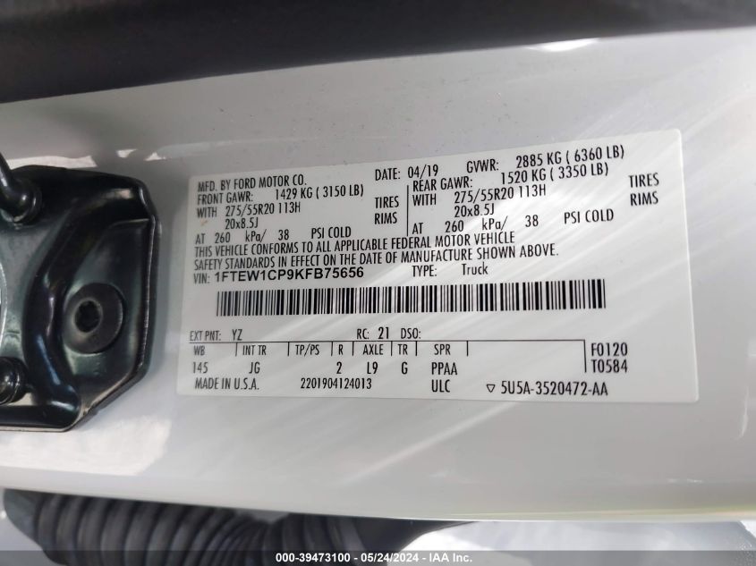 2019 Ford F-150 Xl VIN: 1FTEW1CP9KFB75656 Lot: 39473100