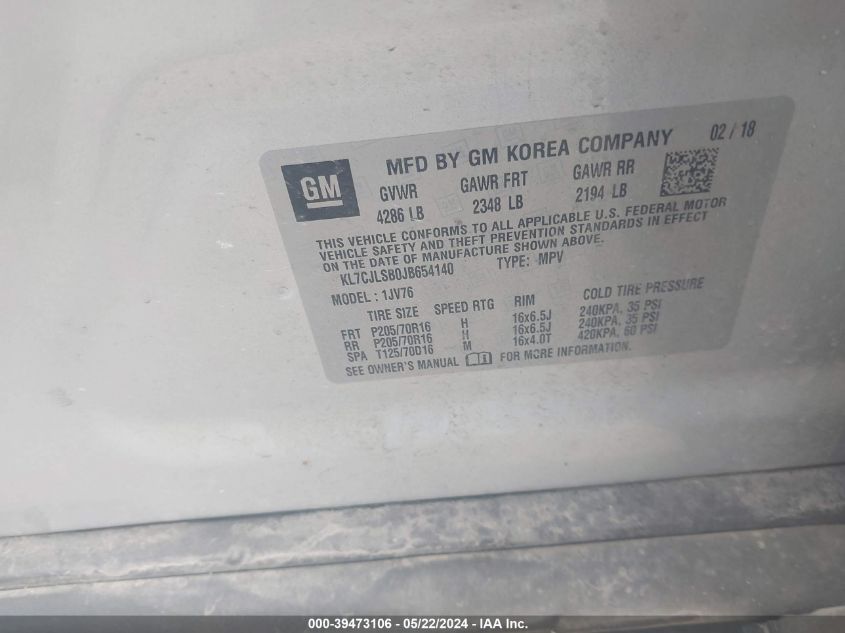 2018 Chevrolet Trax Lt VIN: KL7CJLSB0JB654140 Lot: 39473106