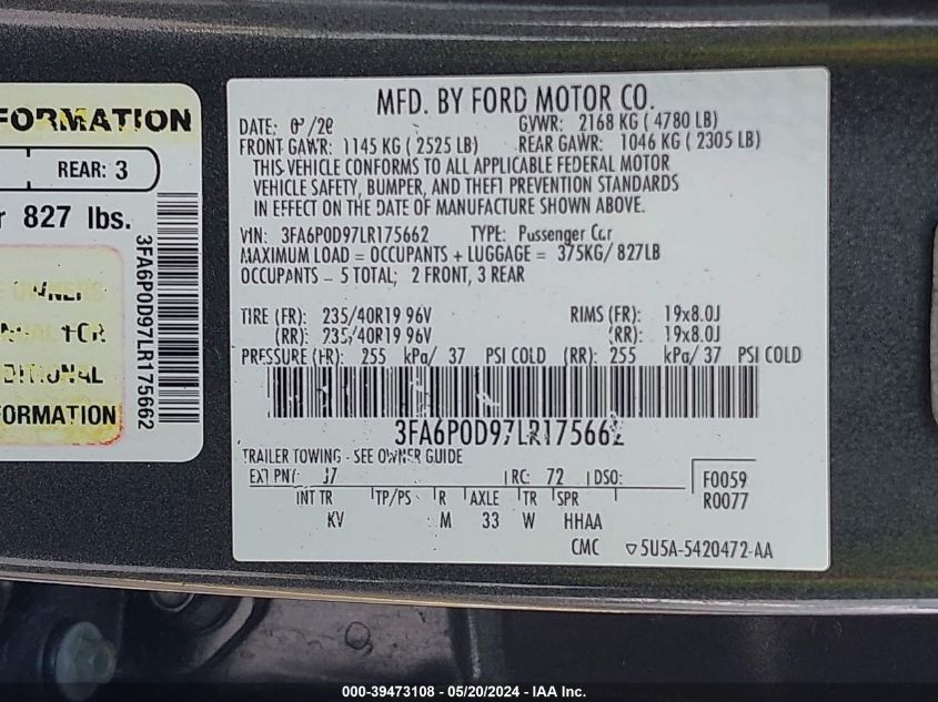 3FA6P0D97LR175662 | 2020 FORD FUSION