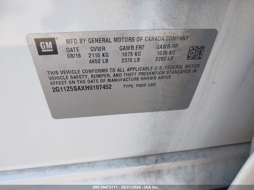 2017 Chevrolet Impala Ls VIN: 2G11Z5SAXH9107452 Lot: 39473111