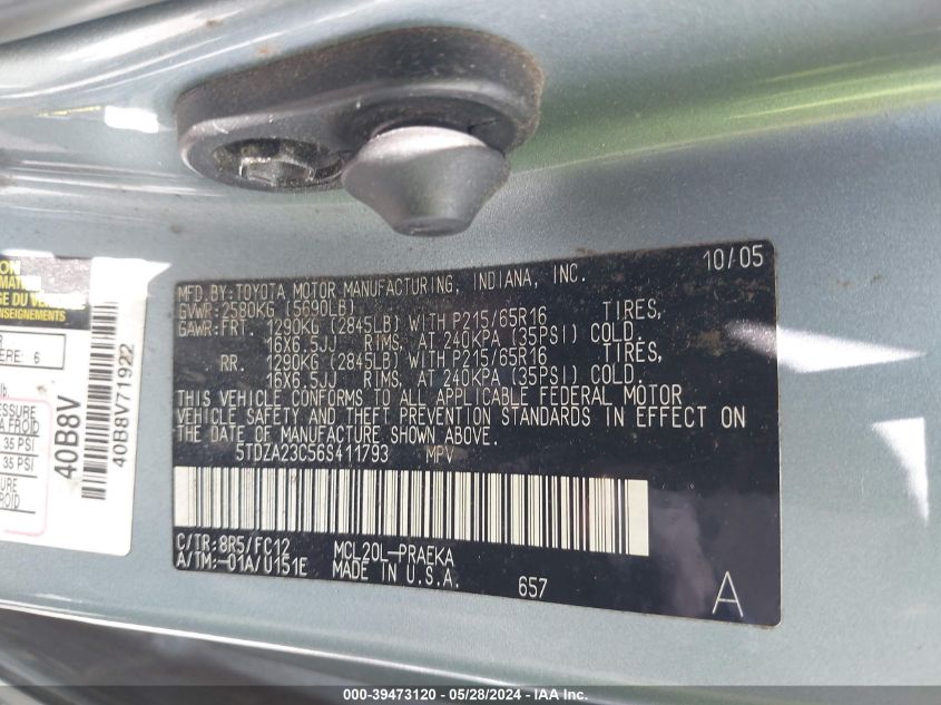 2006 Toyota Sienna Le VIN: 5TDZA23C56S411793 Lot: 39473120