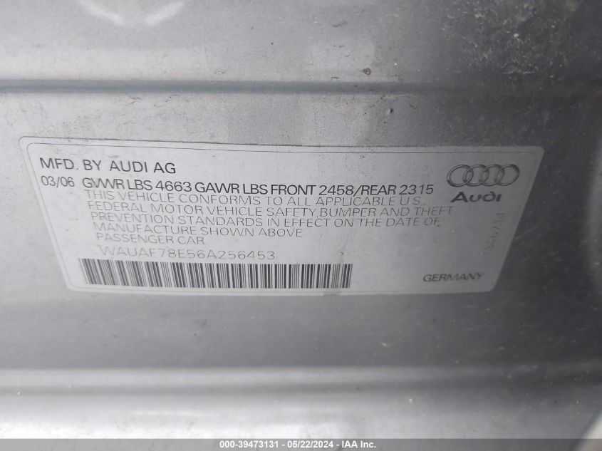 2006 Audi A4 2.0T VIN: WAUAF78E56A256453 Lot: 39473131
