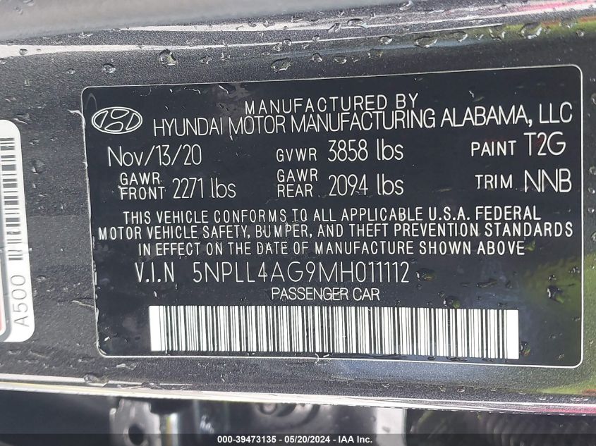 2021 Hyundai Elantra Se VIN: 5NPLL4AG9MH011112 Lot: 39473135