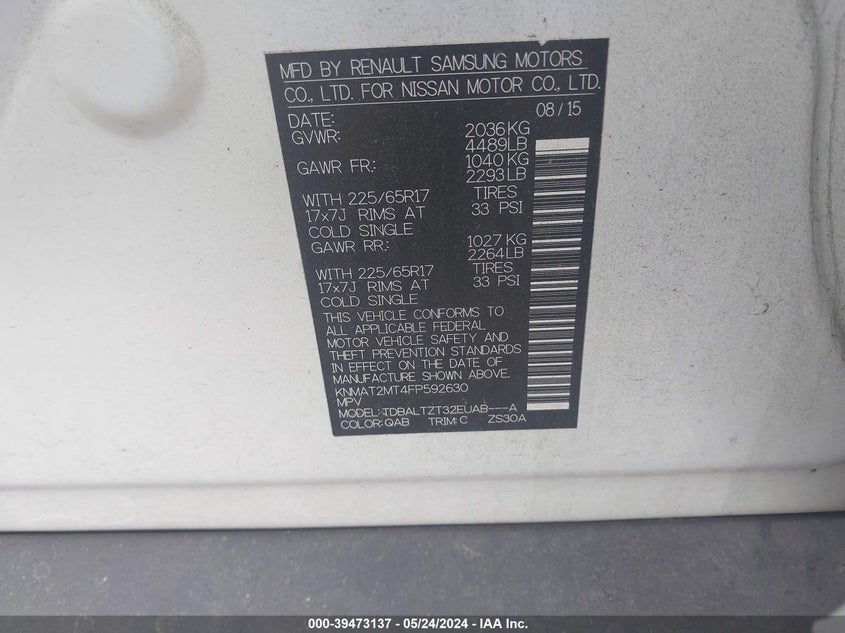 2015 Nissan Rogue Sv VIN: KNMAT2MT4FP592630 Lot: 39473137