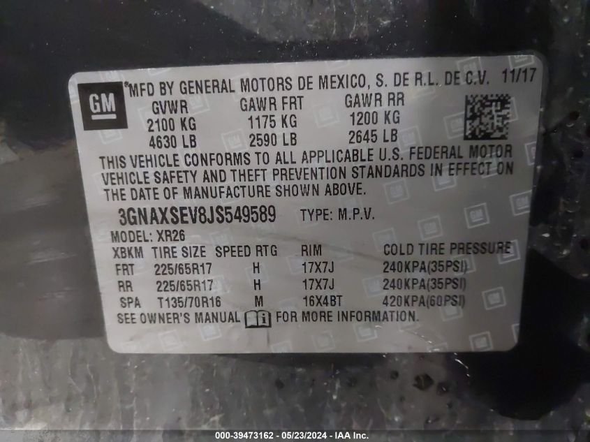 2018 Chevrolet Equinox Lt VIN: 3GNAXSEV8JS549589 Lot: 39473162