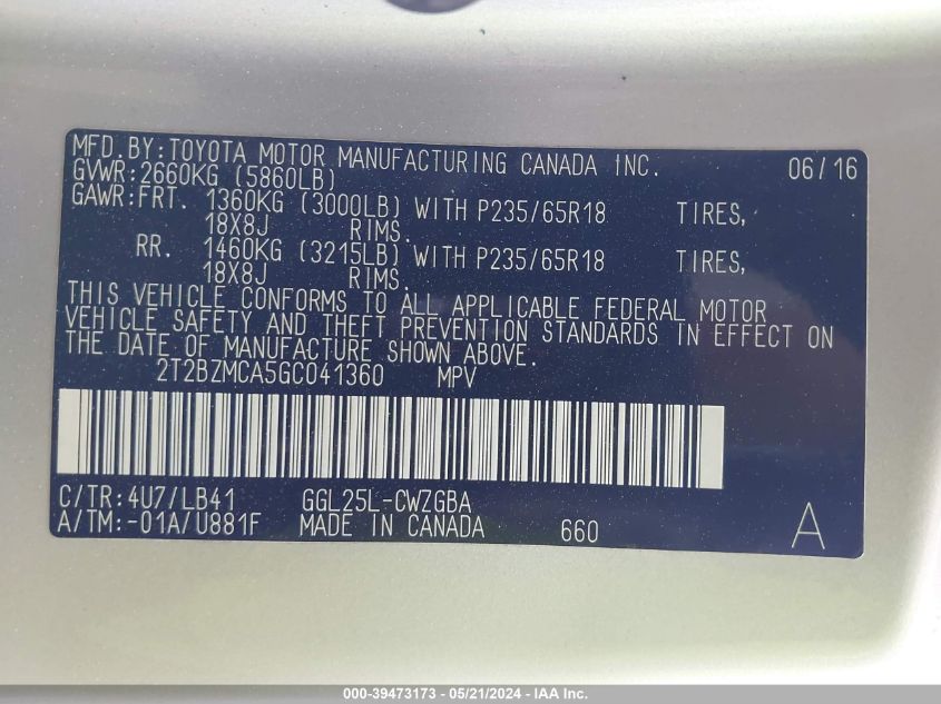 2016 Lexus Rx 350 VIN: 2T2BZMCA5GC041360 Lot: 39473173