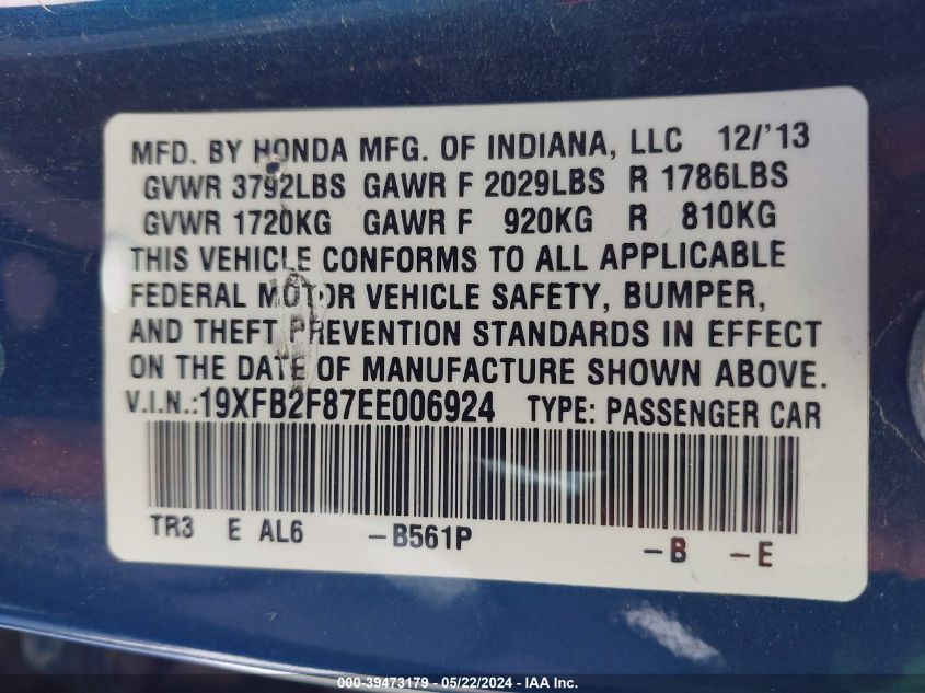 2014 Honda Civic Ex VIN: 19XFB2F87EE006924 Lot: 39473179