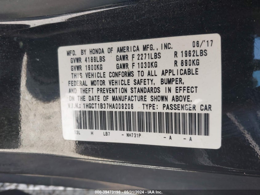 VIN 1HGCT1B37HA009206 2017 HONDA ACCORD LX-S