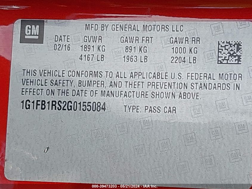 2016 Chevrolet Camaro 1Lt VIN: 1G1FB1RS2G0155084 Lot: 39473203