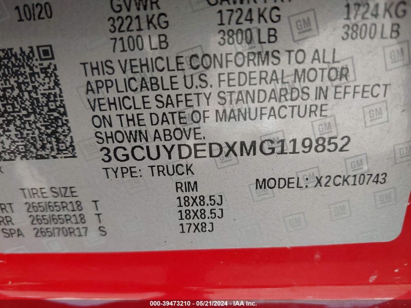 2021 Chevrolet Silverado 1500 4Wd Standard Bed Lt VIN: 3GCUYDEDXMG119852 Lot: 39473210