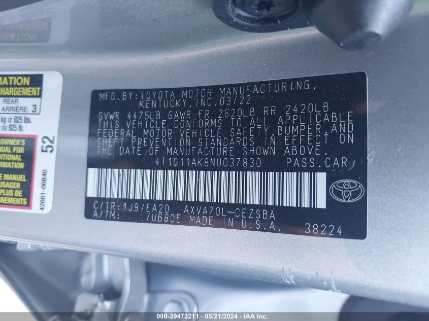 2022 Toyota Camry Se VIN: 4T1G11AK8NU037830 Lot: 39473211