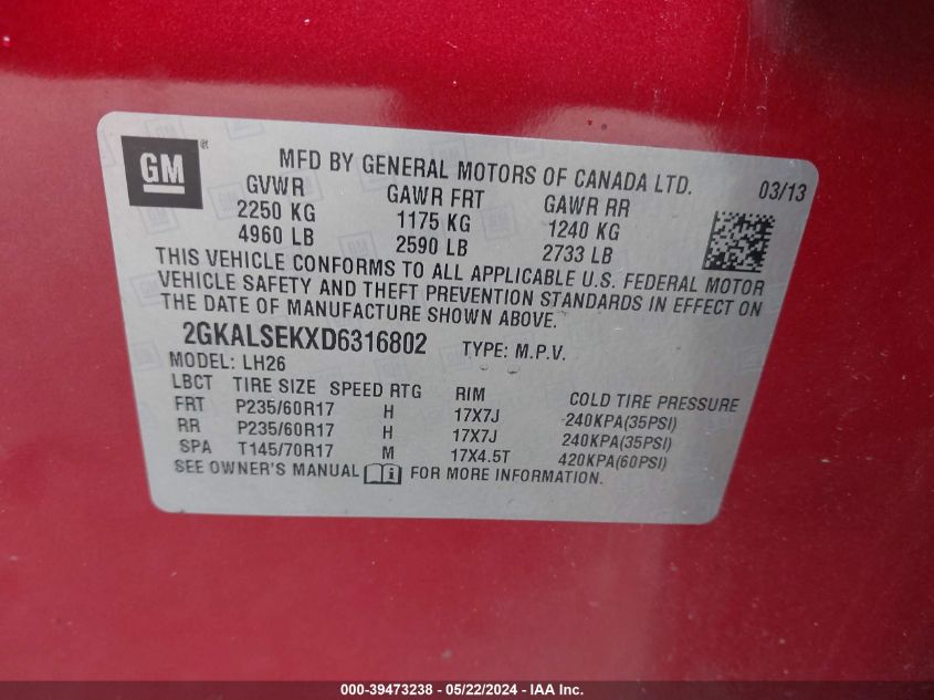 2013 GMC Terrain Sle-2 VIN: 2GKALSEKXD6316802 Lot: 39473238