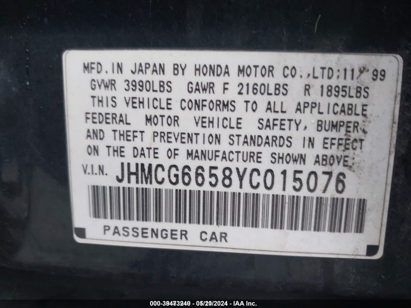 2000 Honda Accord 2.3 Lx VIN: JHMCG6658YC015076 Lot: 39473240