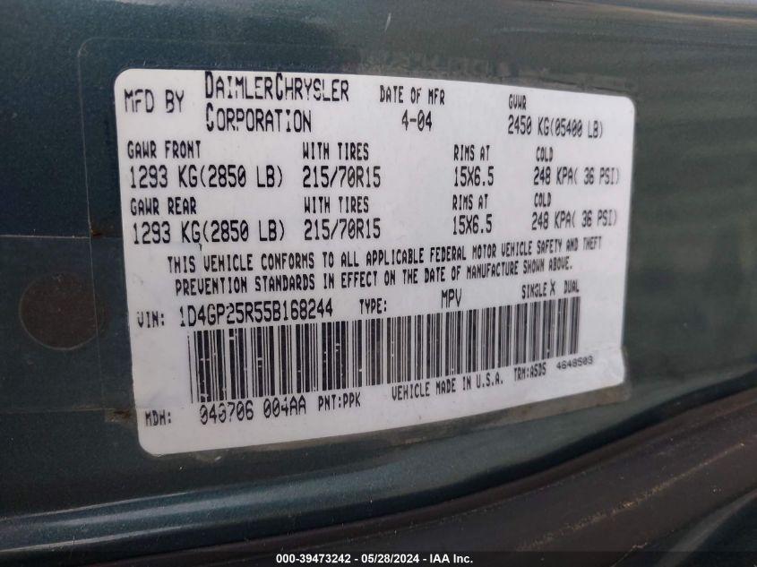 2005 Dodge Caravan Se VIN: 1D4GP25R55B168244 Lot: 39473242