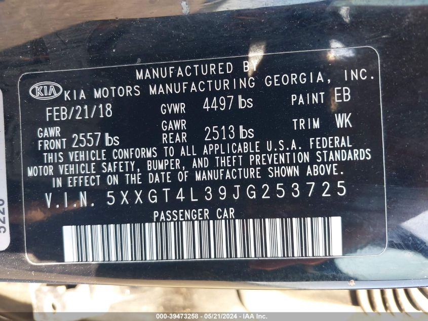 2018 Kia Optima Lx VIN: 5XXGT4L39JG253725 Lot: 39473258