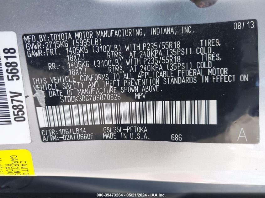 2013 Toyota Sienna Xle 7 Passenger VIN: 5TDDK3DC7DS070826 Lot: 39473264